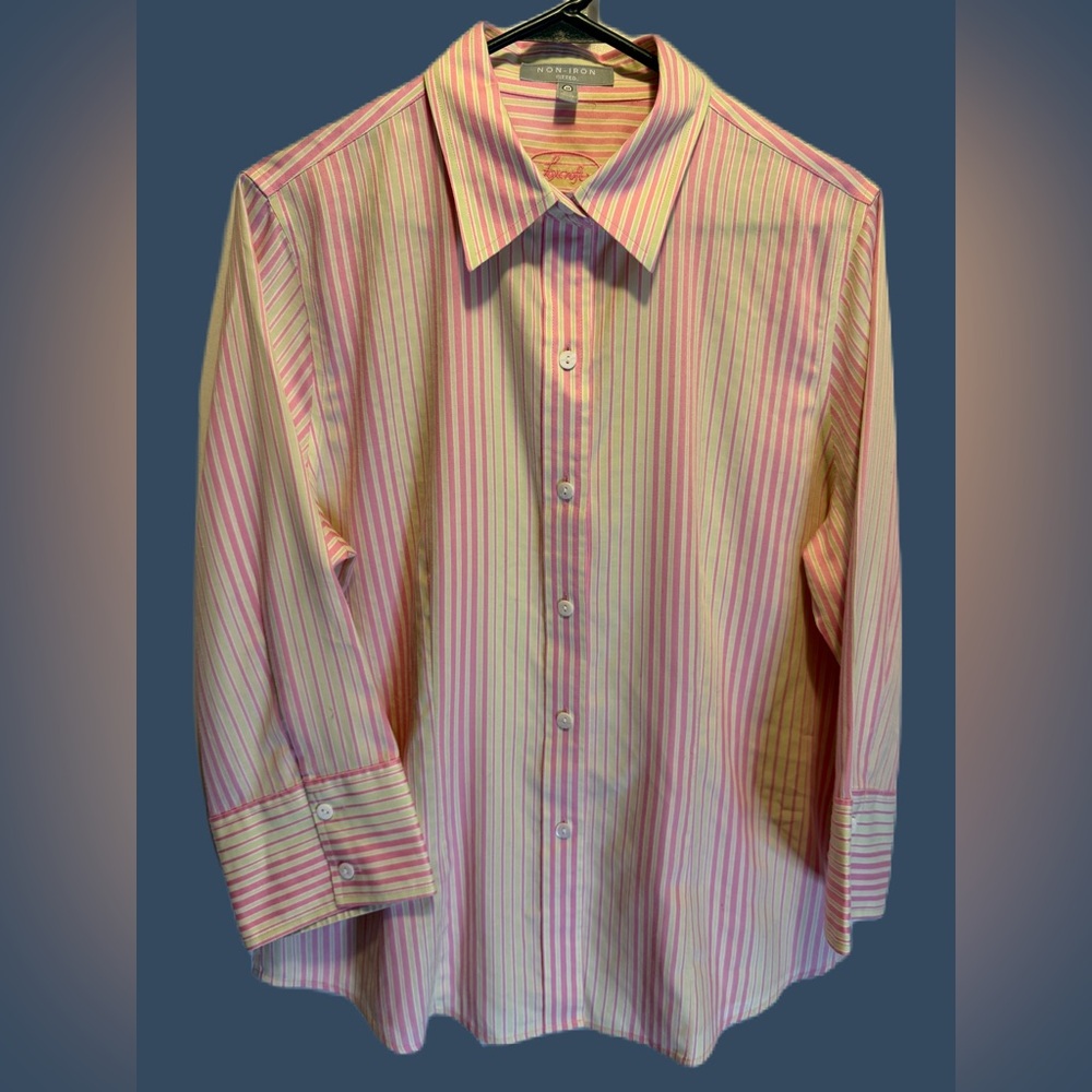 Foxcroft NYC Heritage Non Iron  Stripe Fitted Button Front Shirt 12 Pink/Green